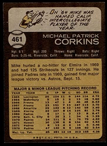 1973 Topps 461 Майк Коркинс Сан Диего Падрес (Бейзболна картичка) NM / MT + Падрес