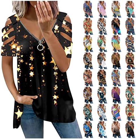 Дамска Лятна Блуза GIANTHONG, Потник с цип, с V-образно деколте, Отворени Ризи с къси ръкави и Цветисти Принтом, широки Ризи