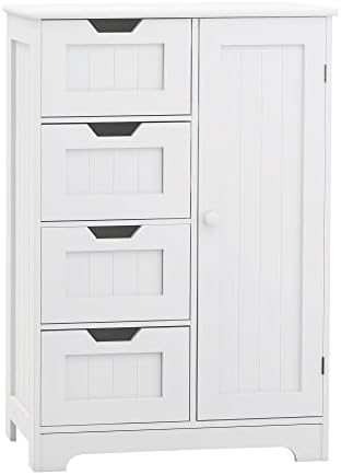 Шкаф за съхранение в Банята RASOO Бял самостоятелен Етаж Шкаф За съхранение на Неща с Регулируеми рафта с 4 чекмеджета и 1 Като