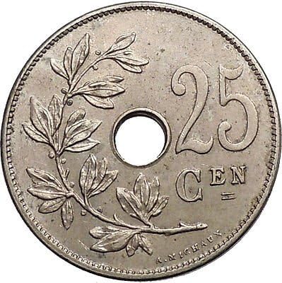 Автентични Старогръцки Римски монети и др 1908 Белгийски крал Леополд II 25 Сантима Стара Белгийската монета с дупка i55187