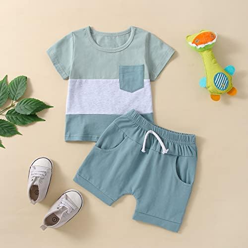 Летни Дрехи За малки Момчета, Тениска с къс ръкав и цветен блок, Върховете + Обикновена къси Панталони, Комплект от 2 теми, Ежедневни Облекла