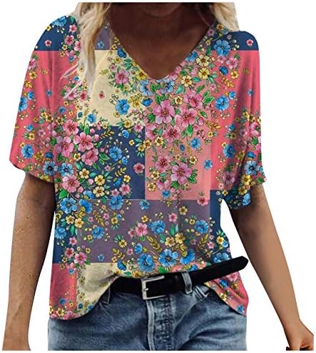 Модна Тениска с Принтом за Жени, Навсякъде Цветни Блузи с Цветя Модел, Летни Тениски с V-образно деколте и Къс Ръкав, Потници