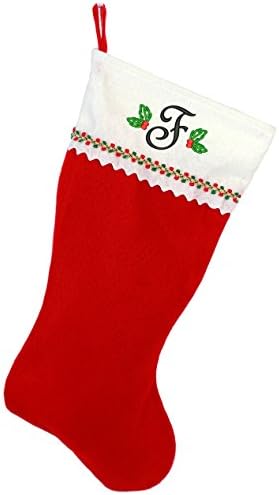 Коледни чорапи с бродирани мен монограм, Червено-Бяло фетр, Инициал F