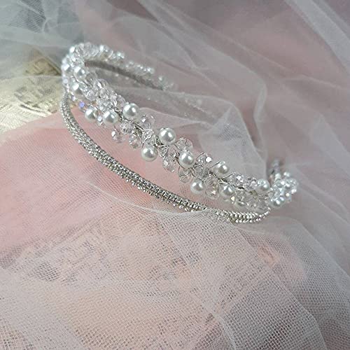 JWICOS двупластова превръзка на главата за жени и момичета, украсени с изкуствени перли, пайети, сватбената панделка за коса, за жени и