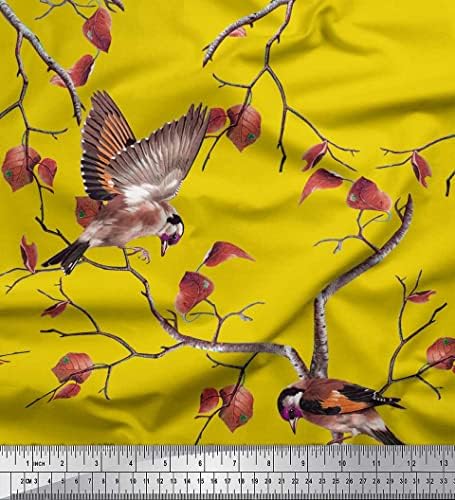 Жълт памучен батистовая плат Soimoi от сухи листа и тъкани, с принтом птицата щиглец ширина 1 ярд 58 инча