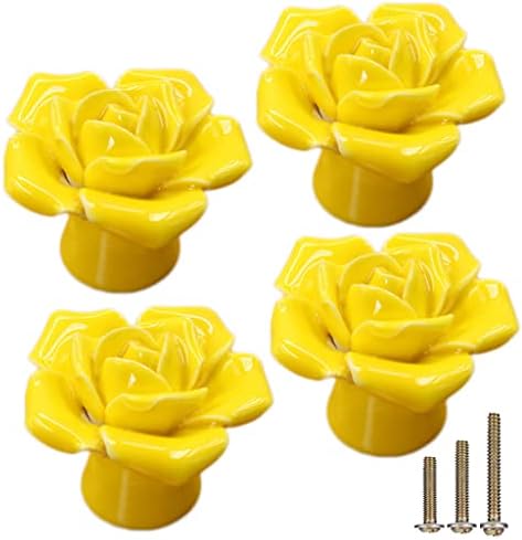 ESreake 4 Опаковки Керамични Дръжки с Жълти Рози, Керамични Дръжки с Цветя, Рози, Реколта Дръжки за Кухненски шкаф, Тоалетна Масичка,