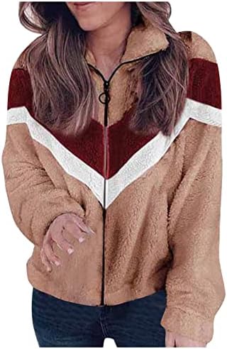 Дамски зимни 2022 пухкави руно с качулка цвят блок мозайка палто, жилетка горна дреха с джобове
