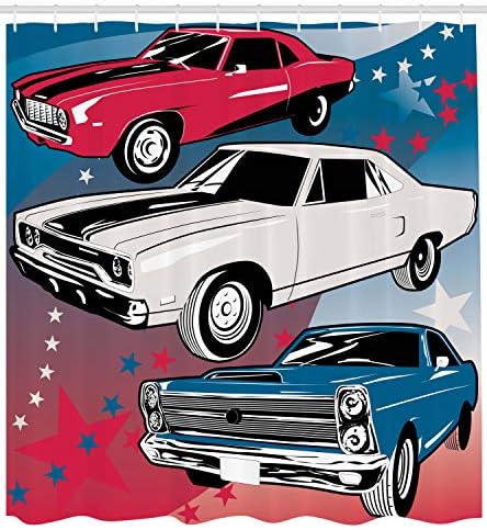 Завеса за душ Ambesonne Cars, Ностальгическая Група американски Мускул автомобили в стил поп-Арт със Звездите под по-Стари времена, Определени