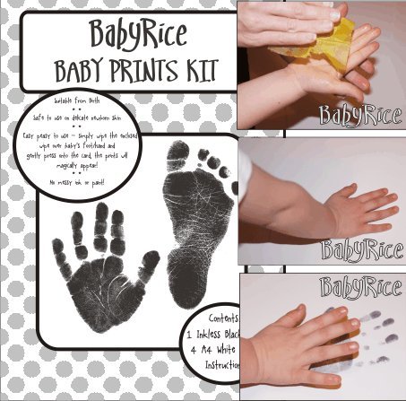 Набор от BabyRice за детски кошари и печат на краката в матирана купа рамка / Бяло определяне на 3 дупки / черни отпечатъци без