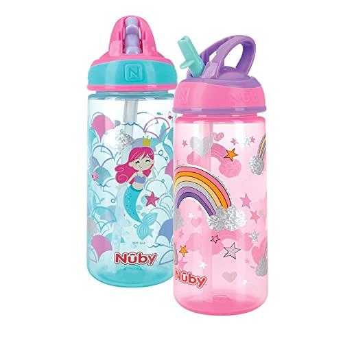 Nuby 2 опаковки, детска бутилка за вода с принтом Флип-ит, предназначена за пътуване, с твърда соломинкой, която предпазва от ухапване,