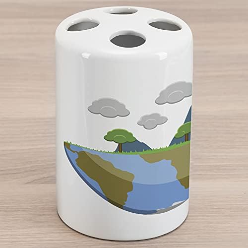 Керамични Държач за четка за зъби Ambesonne Earth Day, Изображение Половината от Земята с Планински Пейзаж и Облаците, Декоративна Универсален