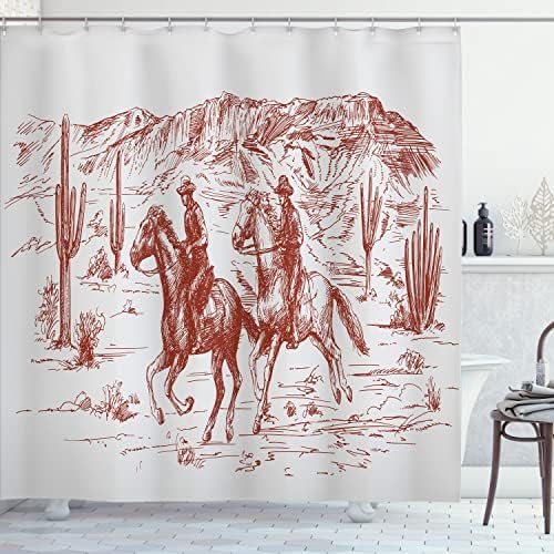 Завеса за душ Ambesonne в западен стил Кънтри Тема, ръчно рисувани Илюстрация на пустинята на американския Див Запад с Каубои, Определени
