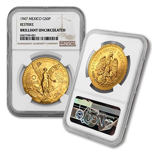 Мексиканска златна монета на 50 песос 1947 г. тегло 1,2057 унция, Брилянт, Без да се прибягва (BU) - de Moneda 37,5 Gr de Oro Puro 50 MXN