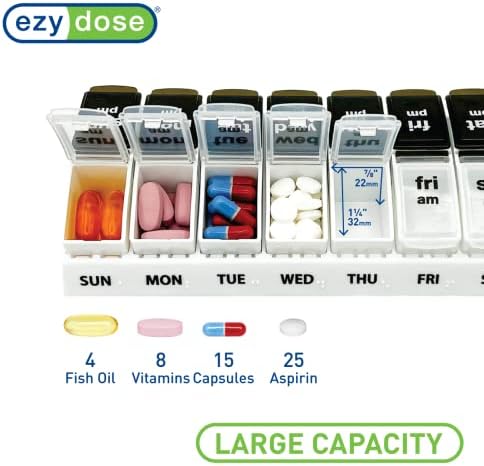 Седмичната ДОЗА EZY (7 дни), Организатор на таблетки сутрин / вечер, Кутия за витамини и лекарства, с Голям Разтегателен клон, 2 пъти на ден,