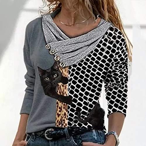 Потници за жени, дамски ризи с дълъг ръкав райе с образа на привлекателен котка, асиметрични блузи-ризи, удобна тениска