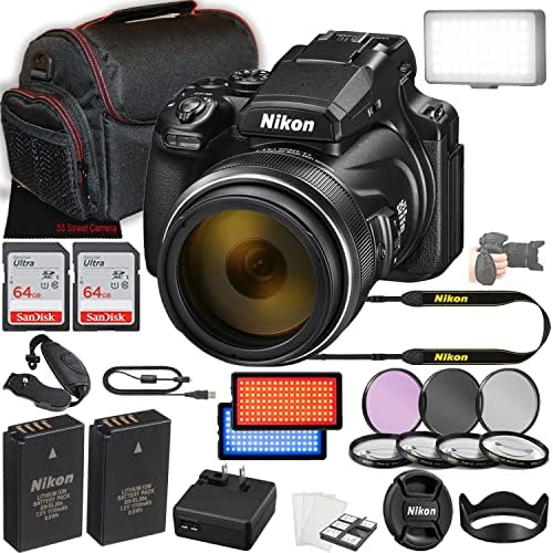 Цифров фотоапарат Nikon COOLPIX P1000 16.7 за насочване и стрелба + 128 GB памет + led светлини за видео + Калъф + Филтри