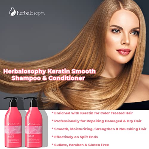Набор от шампоани и балсами Herbalosophy Keratin, Разглаживающая, Питателна и Хидратиращи формула за изтощена и Суха коса,