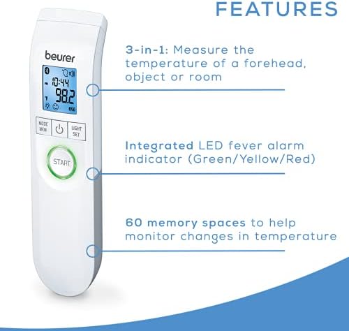 Безконтактен термометър Beurer Bluetooth, Челото, Предмет, Стайна температура, Висока точност, Дисплей със синя подсветка XL, 60 клетки памет,