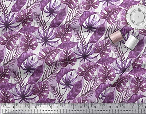 Лилава памучен трикотажная плат Soimoi с принтом тропически листа с ширина 58 см