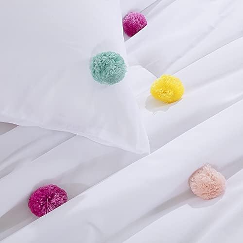 HOMBYS Комплект спално бельо и завивки с pom-помераните за момичета, 5 теми, Бяло-Розов Комплект детски одеяла в стил Бохо за целия сезон,