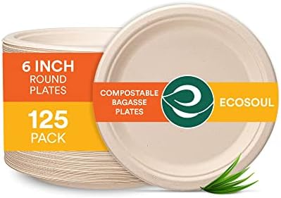 ECO SOUL [6 инча, 125 опаковки | Кръгла Чиния от торта за компостиране | за Еднократна употреба Екологични Биоразградими Кът чинии