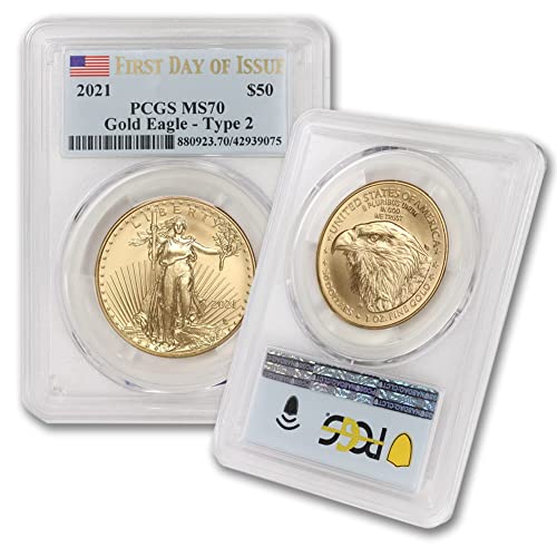 2021 година Без знака на монетния двор 1 унция злато American Eagle MS-70 (Първия ден на издаване - Тип 2 - Етикет с флага)