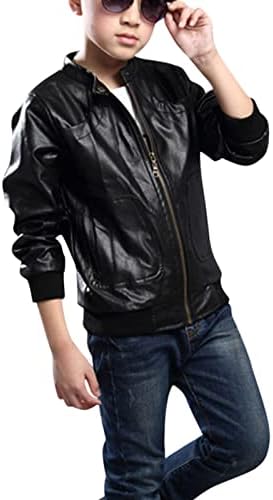 Яке с цип от изкуствена кожа с дълъг ръкав за малки момчета, Демисезонная яке-ветровка за момчета (черна, 6-7 години)