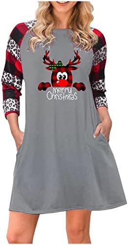 JJHAEVDY/ Дамски Ежедневни Просто Тениска с Коледните принтом и Дълъг Ръкав, Свободно Рокля Трапецовидна форма, С кръгло деколте, Ежедневна