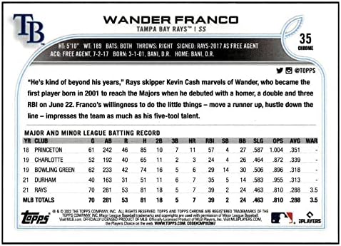 WANDER FRANCO RC 2022 Topps Хром Рефрактор Сепия 35 НОВОБРАНЕЦ Лъчи NM +-MT + MLB Бейзбол