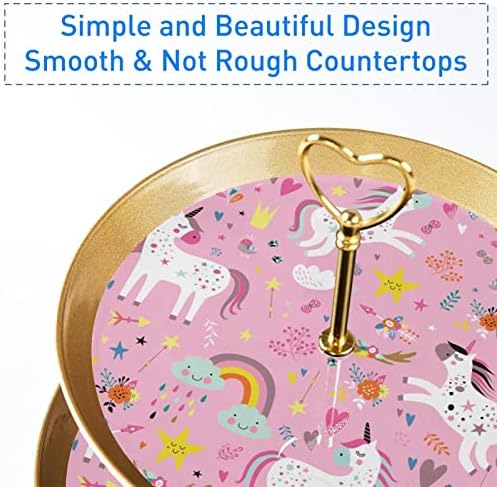 DragonBtu 3-Нива Поставка за Кексчета със Златен Стълб на Многослоен Пластмасов Поднос за Десерти Романтични Розови Еднорози