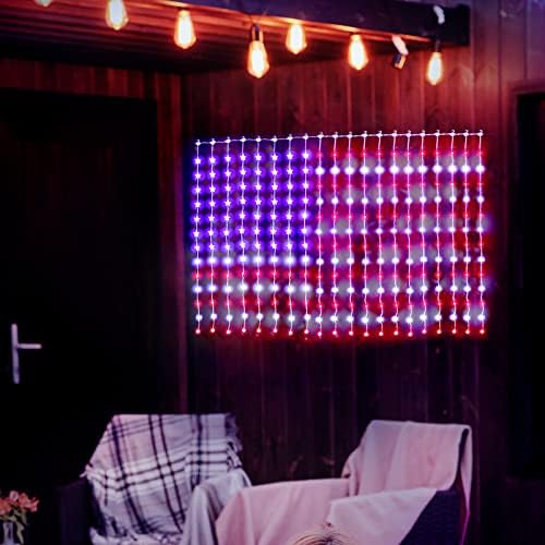 Светлини на Американското знаме със Звездите, 260 Led Гирлянди за Пердета с Флага на САЩ, Plug-in, Патриотични Светлини, Външно