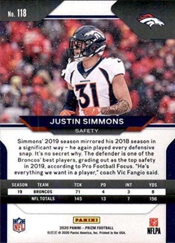 2020 Панини Prizm 118 Търговска карта на Джъстин Симмонса Denver Broncos Футбол NFL