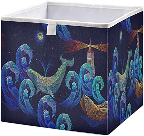 Кошница за шкаф visesunny Кутии за съхранение Син кит, Морска вълна, Тъканни кошница за организиране на рафтовете, Сгъваеми Кубични Кутии