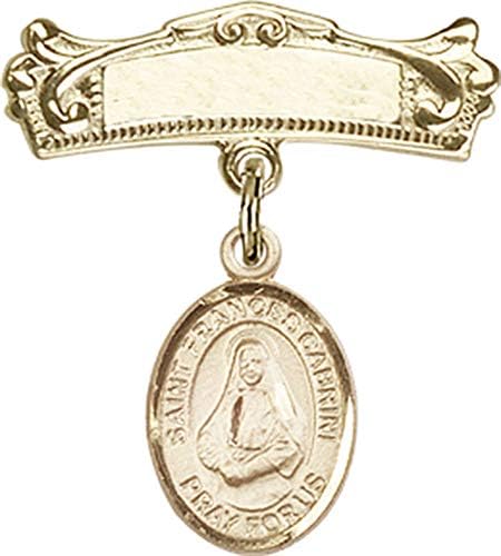 Детски икона Jewels Мания с чар St. Frances Cabrini и извита полирани игла за бейджа | Детски икона от 14-каратово злато