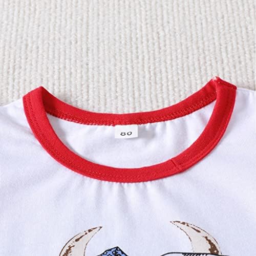 Шорти с Завързана Принтом под формата на Тениски с Цветове, с дълъг ръкав и с Глава на Бик на Деня на Независимостта за момичета + Топ