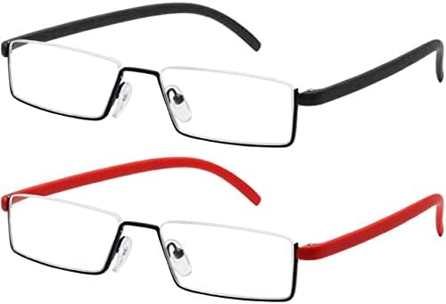 REAVEE 2 Опаковки Очила за четене в Половината на рамки за Жени и Мъже, Лека Метална Дограма за четене с Преносим калъф, Черен