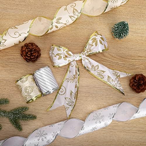 Коледна Лента FairyLee Жичен, Разнообразни Блестящи златни панделки от Органза за Подарък опаковки бантов Коледна елха, Бели и Златни