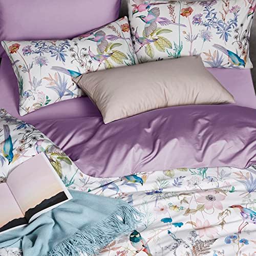 Комплект одеяла Jemiipee Queen, 3 бр. Комплекти спално бельо, Комплект Одеяла с цветен Модел, като Бели Лилаво и Птици - Селска