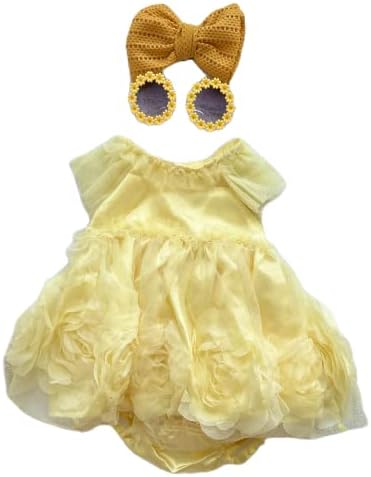 Бебешка рокля с шароварами в тон, слънчеви очила, превръзка на главата и лък, 0-3 месеца, рокля с волани, жълто