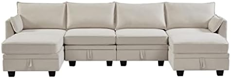 Голям U-образна форма на модулен секционни диван HJHL, разтегателен диван-легло с разтегателен шезлонг за всекидневната,