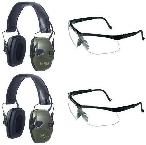 Две електронни слушалки Howard Leight by Honeywell Classic Green Sport Impact с усилване на звука и Две защитни очила с прозрачни лещи