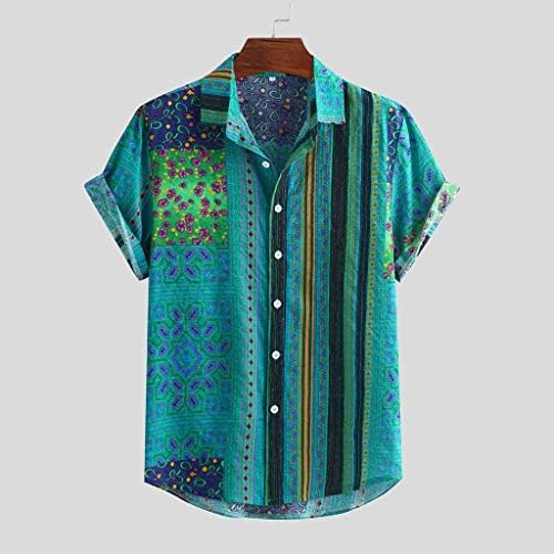GDJGTA Блуза Цветна Лятна Мъжка Риза С Къс Ръкав Свободни Копчета и Райе Ежедневна Мъжка Блуза Мъжки Тениски