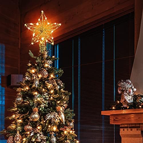 MAIAGO 10-Инчов Коледна Звезда, Коледа в цилиндър с 20 led крушки на Топло бял цвят, блестящи Кръгли Златни мъниста за Украса