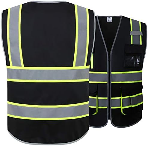 JKSafety 9 джобове, Жилетка повишена видимост за мъже и жени, с цип отпред със светлоотразителни ивици Hi-Vis Отговаря на стандартите