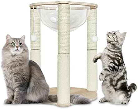 Когтеточка с Акрилен Купол, 3 Големи Когтеточки от естествен Сезал с 3 Висящи играчки-Топки за Игри котки в затворени помещения,
