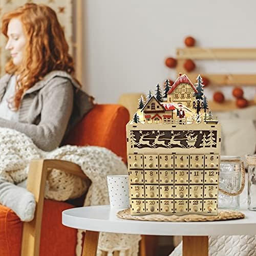 Yajun Коледен Дървена Адвент-Календар LED Празнично Отброяване Украса 24 Коледна Кутия За Съхранение на Домашния Офис DIY Занаятите