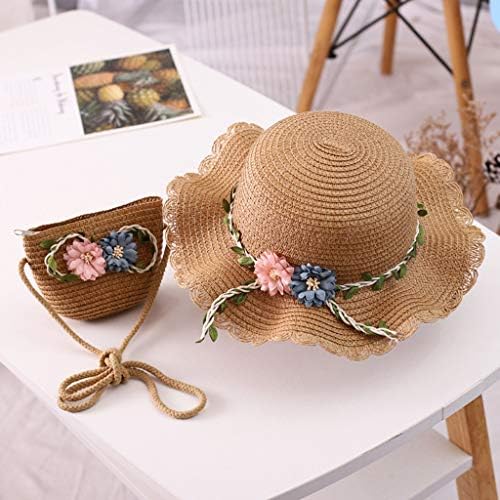 Момичета чай сламена шапка с чанта за рамо набор от деца слънчогледово лятна плажна шапка с широка периферия, шапка с UV защита