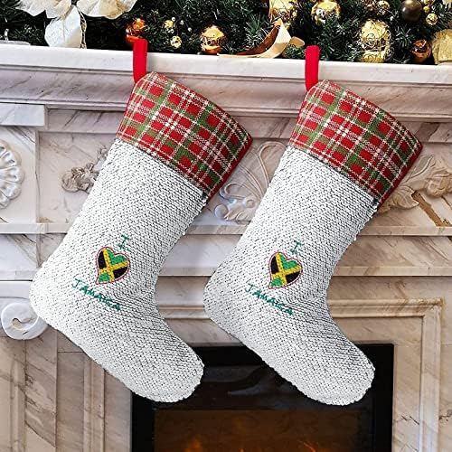 Аз Обичам Ямайски Коледни Чорапи с Лъскави Пайети, Коледна Празнична Камина Наметало, Окачен Декор за Парти