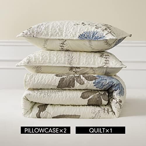 Комплект одеяла с флорални принтом DURLENGEN, размер 3 бр., сиво-сини цветя и кафяв Ботаническата модел на бежевом фон, Всесезонни леки комплекти
