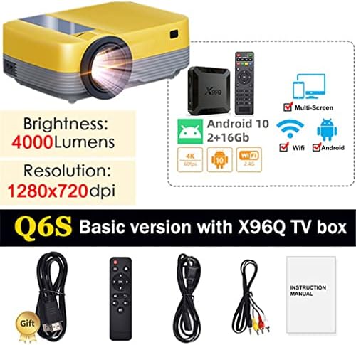 Видео проектор XXXDXDP Q6S за домашно кино Full 1080P С поддръжка на Airplay Android 10 TV Box Допълнителен видео проектор (Цвят: черен)